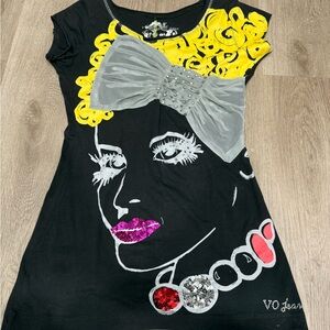 Vintage Black top with Yellow Accents and Silver Embellishment euro
